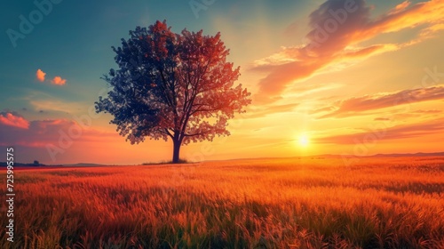 Beautiful tall tree in a field with an amazing sunset generative ai