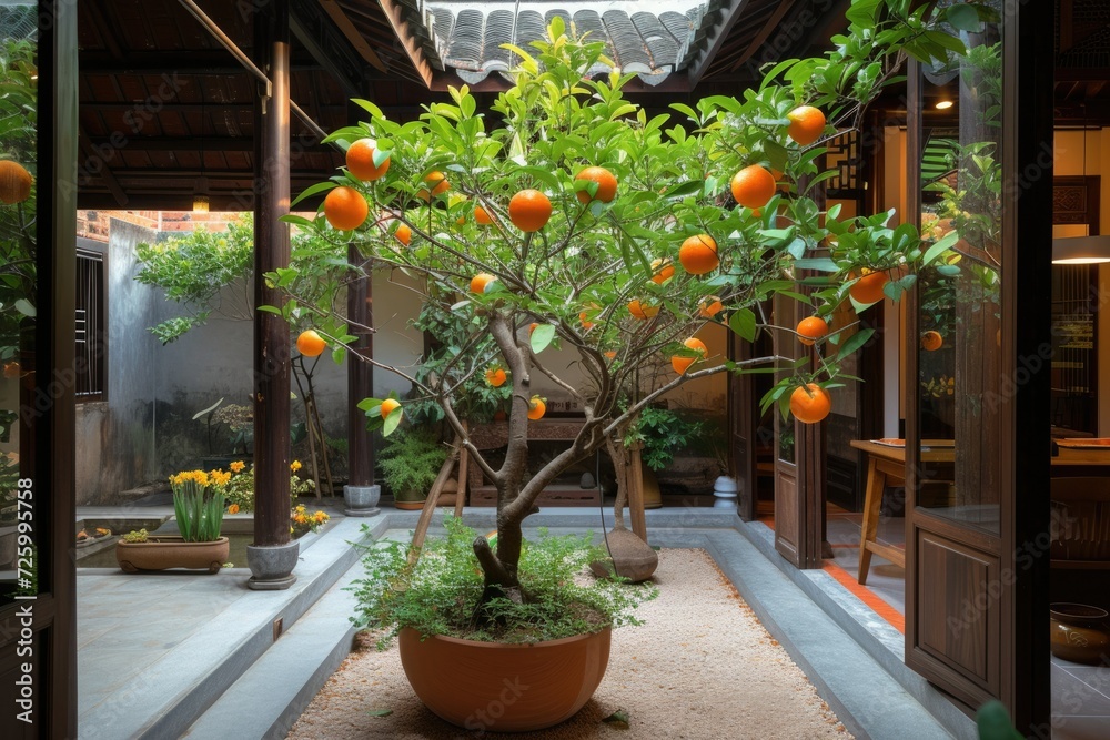 Obraz premium decorated tangerine tree in the courtyard of an asian house. Chinese courtyard, Vietnamese house. Thailand. Tet. Symbol of wealth. Asian culture. Holiday. Kumquart. Citrus