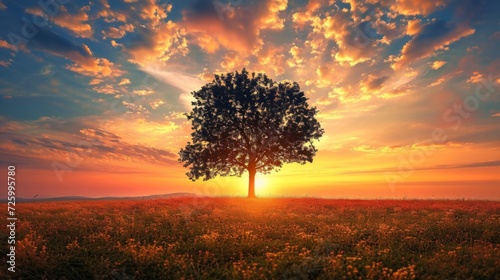 Beautiful tall tree in a field with an amazing sunset generative ai © ThisDesign