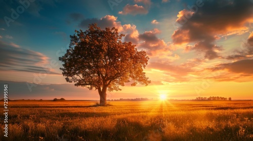 Beautiful tall tree in a field with an amazing sunset generative ai © ThisDesign