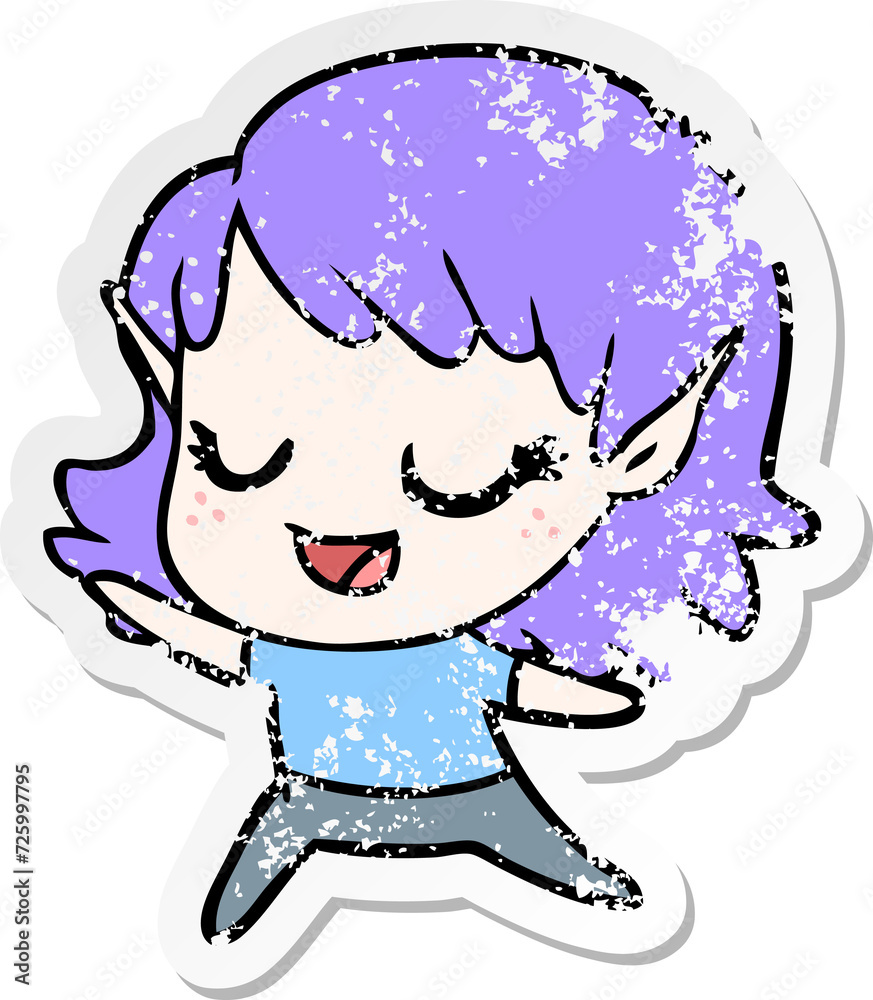 distressed sticker of a carton happy elf girl dancing distressed sticker of a carton happy elf girl dancing