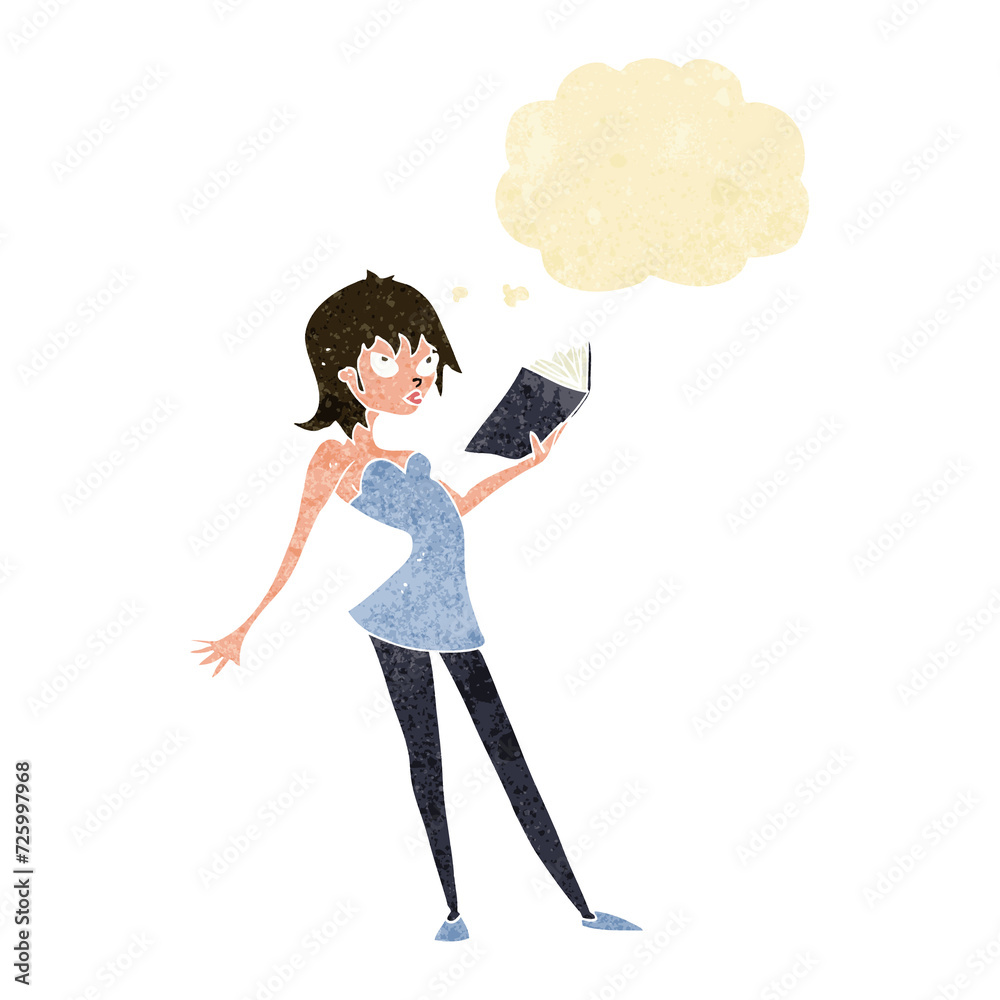cartoon woman reading book with thought bubble cartoon woman reading book with thought bubble