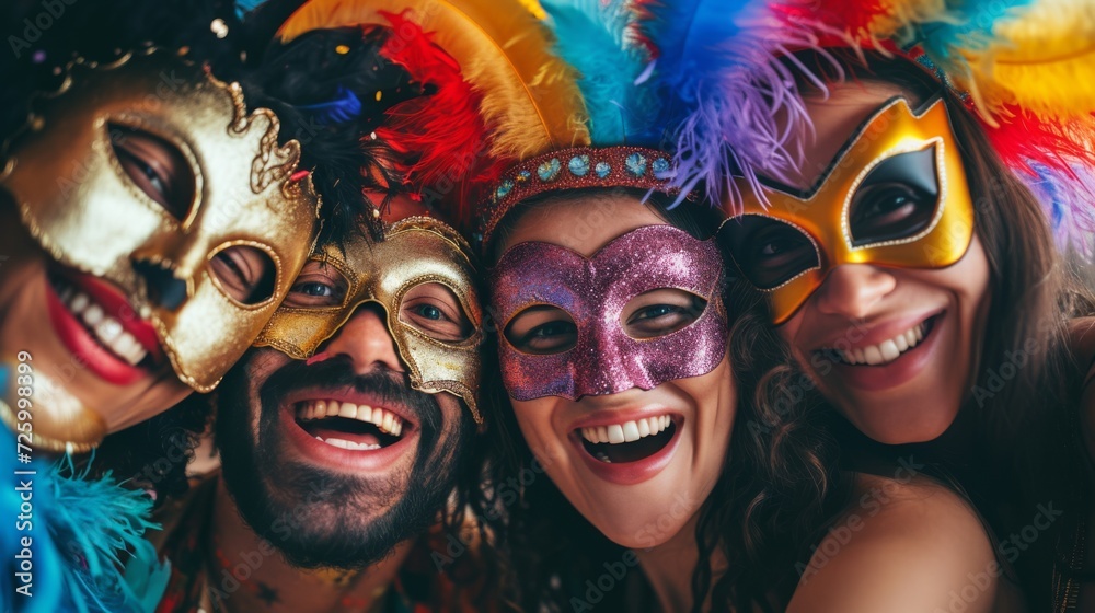 cheerful group of friends, having fun at carnival, wearing vibrant costumes and masks generative ai