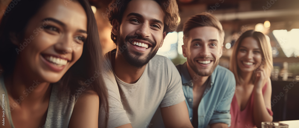 group of friends enjoying a pleasant moment in a restaurant taking a selfie
