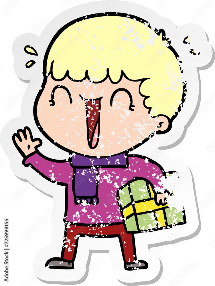 distressed sticker of a laughing cartoon man with present distressed sticker of a laughing cartoon man with present
