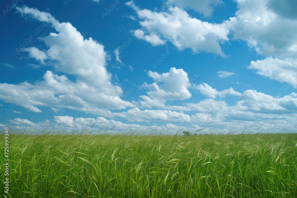 Vibrant Green Wheat Field with Dynamic Sky - Sunny Day Landscape, Fluffy Cumulus Clouds, and Sun Rays Vibrant Green Wheat Field with Dynamic Sky - Sunny Day Landscape, Fluffy Cumulus Clouds, and Sun Rays