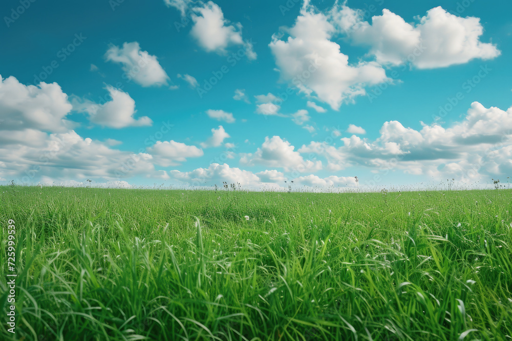 Vibrant Green Wheat Field with Dynamic Sky - Sunny Day Landscape, Fluffy Cumulus Clouds, and Sun Rays Vibrant Green Wheat Field with Dynamic Sky - Sunny Day Landscape, Fluffy Cumulus Clouds, and Sun Rays