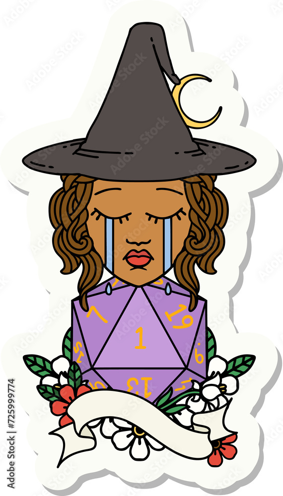 human witch with natural one D20 roll sticker