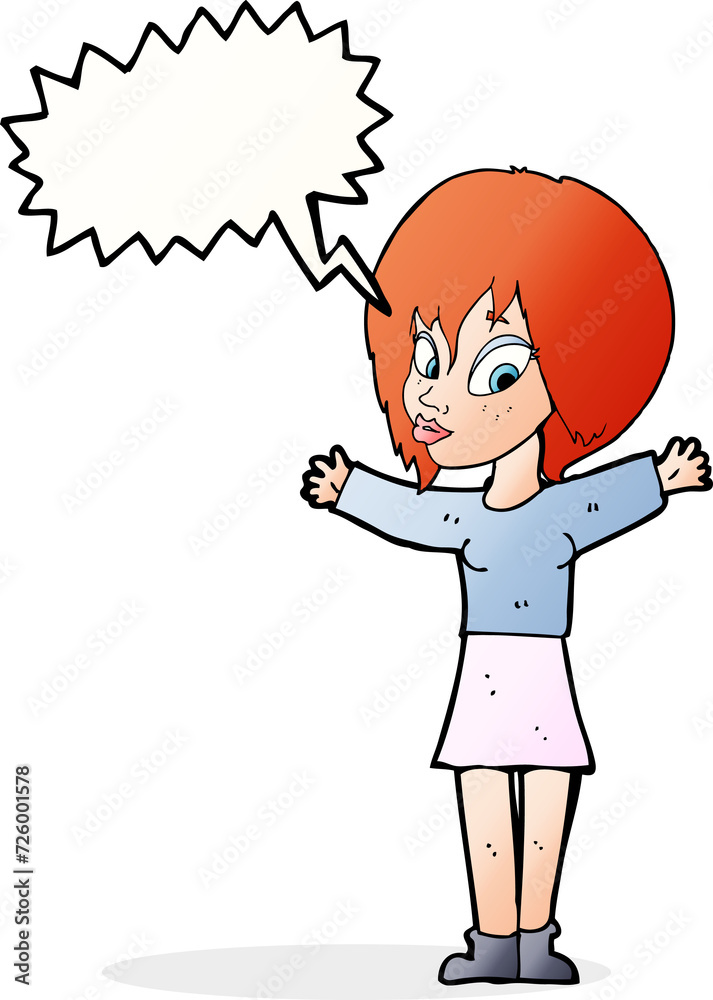 cartoon woman with open arms with speech bubble cartoon woman with open arms with speech bubble
