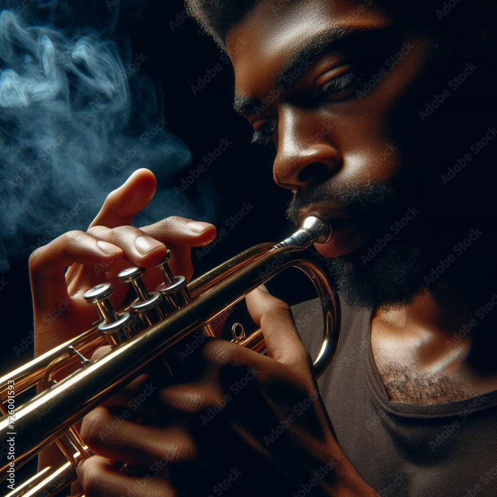 Obraz premium Black Male Musician Playing Saxophone & Trumpet