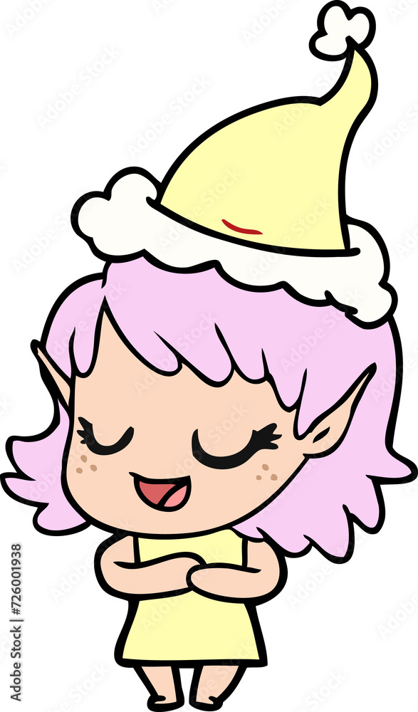 happy line drawing of a elf girl wearing santa hat happy line drawing of a elf girl wearing santa hat
