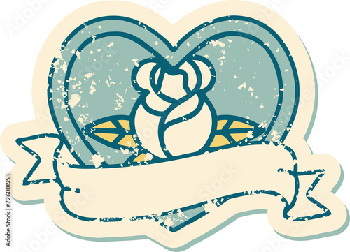 Fototapeta Naklejka Na Ścianę i Meble -  distressed sticker tattoo style icon of a heart rose and banner