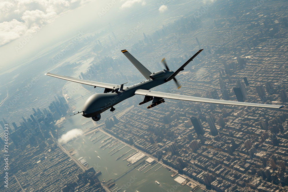 Naklejka premium During mission over city, combat drone is controlled by an automated system AI Generation