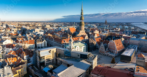 Beautiful aerial Riga view from above. Panoramic view of the Riga old town, the capital of Latvia.