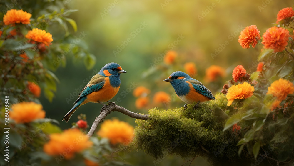 Two bluebirds on perch