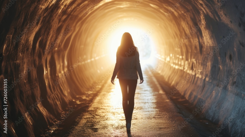 Fototapeta premium Empowered woman overcoming cancer, emerging from a dark tunnel into the light, a symbol of resilience and renewal generative ai
