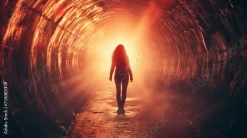 Empowered woman overcoming cancer, emerging from a dark tunnel into the light, a symbol of resilience and renewal generative ai photo