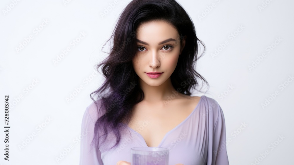 portrait on a white background A girl with purple hair of Asian appearance drinks a collagen drink. skin care, moisturizing. Supplements. portrait on a white background A girl with purple hair of Asian appearance drinks a collagen drink. skin care, moisturizing. Supplements.