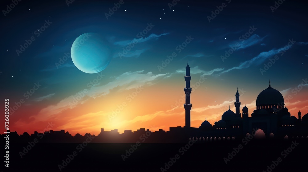 Ramadan Kareem religious background with mosque silhouettes reflected in serene sea