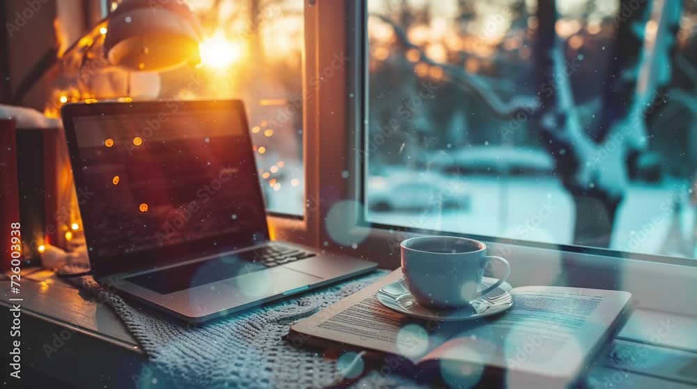Cozy winter still life: laptop and cup of hot coffee Seamless looping 4k time-lapse virtual video animation background. Generated AI Cozy winter still life: laptop and cup of hot coffee Seamless looping 4k time-lapse virtual video animation background. Generated AI
