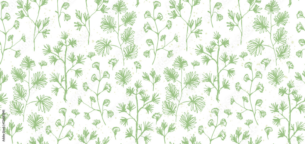 Delicate pastel green seamless pattern with hand drawn botanical elements. Sketch ink herbs and branches with leaves texture for textile, wrapping paper, cover, surface, design - obrazy, fototapety, plakaty 