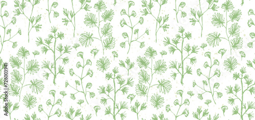 Delicate pastel green seamless pattern with hand drawn botanical elements. Sketch ink herbs and branches with leaves texture for textile, wrapping paper, cover, surface, design