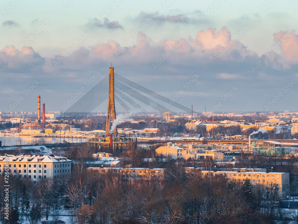 Aerial view of the winter over Riga. Beautiful winter day in Riga.