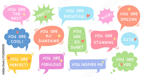 Speech bubbles with compliments. Set with positive cartoon chatting boxes with hand written phrases and doodle elements. Self love, motivation or world compliment day theme. Vector illustration. photo