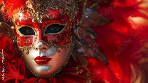 Festive red background complementing an elaborate Venetian carnival mask generative ai