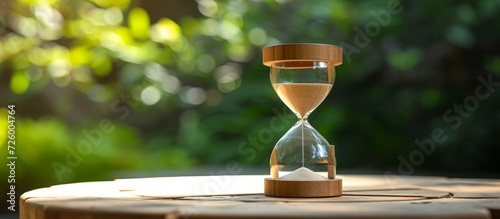 Wooden table displays signpost for progress or regress with sandglass time report.