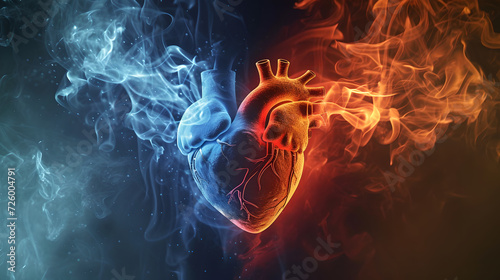 smoking hot vs colhuman heart anatomy in red and blue , smoking hot vs cold heart	 photo