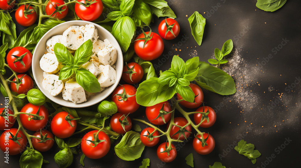 Tomatoes, cheese, and fresh green basil close-up on a dark background, directly from above with copy space, AI-generated image Tomatoes, cheese, and fresh green basil close-up on a dark background, directly from above with copy space, AI-generated image
