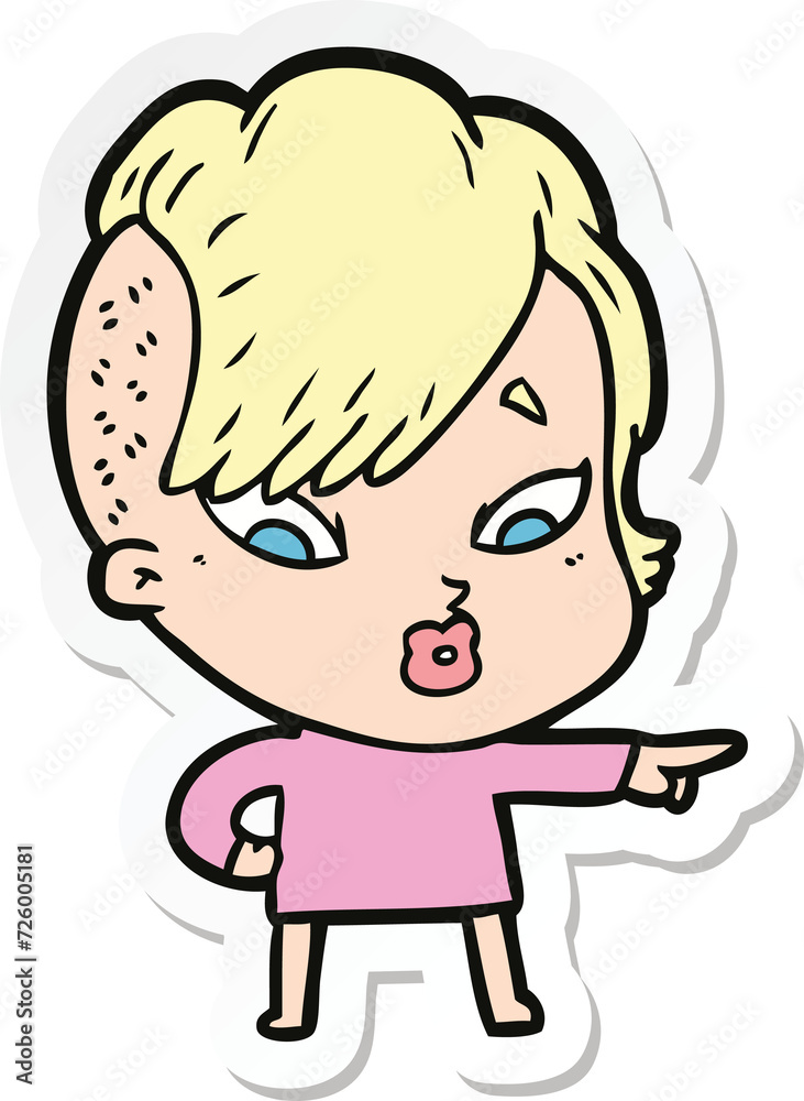 sticker of a cartoon surprised girl pointing sticker of a cartoon surprised girl pointing