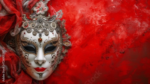 Intricate Venetian carnival mask displayed on a dynamic red background, generative ai