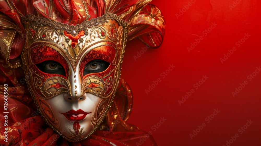 Intricate Venetian carnival mask displayed on a dynamic red background, generative ai Intricate Venetian carnival mask displayed on a dynamic red background, generative ai