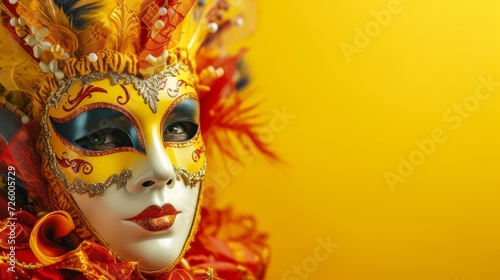 Cheerful carnival celebration with a Venetian mask on a bright yellow background generative ai © ThisDesign