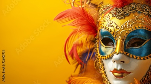 Cheerful carnival celebration with a Venetian mask on a bright yellow background generative ai © ThisDesign