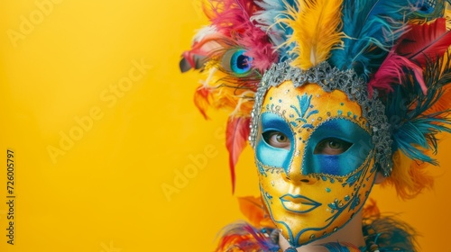 Cheerful carnival celebration with a Venetian mask on a bright yellow background generative ai