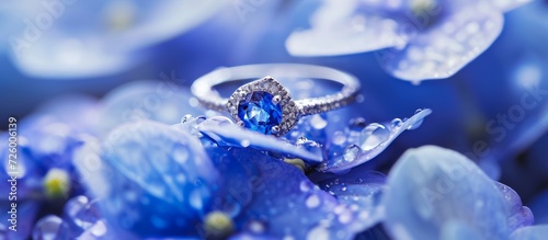 Flower background featuring white gold ring with diamond and blue Sapphire.