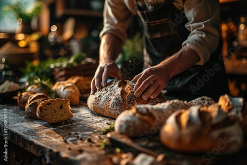 man's hands knead the dough for baking bread in the bakery photo