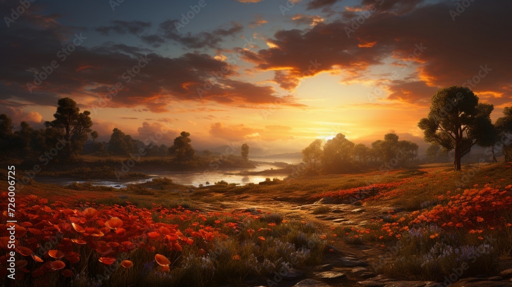 A Serene and Moody Tapestry of Poppy Fields Unveils Nature's Ballet, Where Tranquility and Melancholy Dance in Harmonious Splendor Under the Canvas of a Quiet Sky