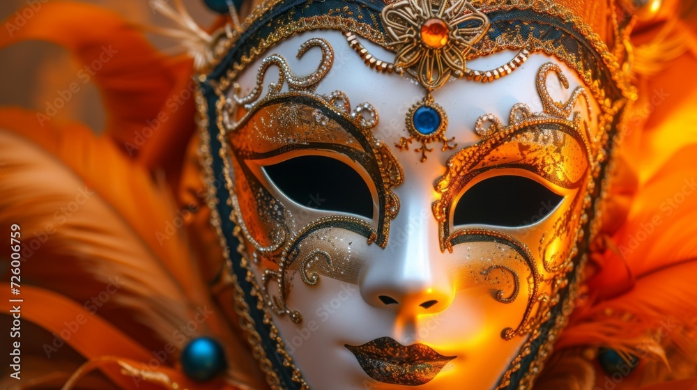 Luxurious Venetian carnival mask on a warm orange background generative ai