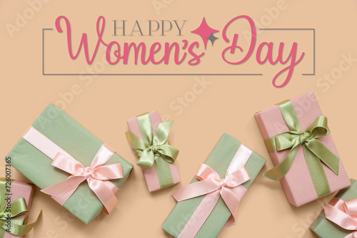 Gift boxes on beige background. Greeting card for International Women's Day