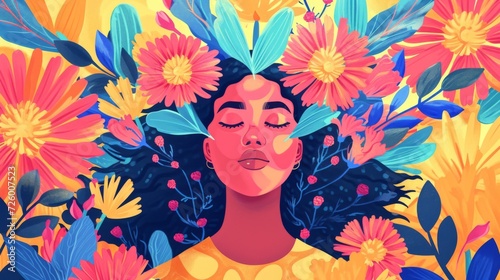 Radiant illustration of a female cancer survivor, surrounded by flowers generative ai