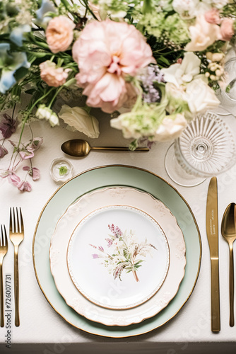 Floral wedding table decor, holiday tablescape and dinner table setting, formal event decoration for wedding reception, family celebration, English country and home styling