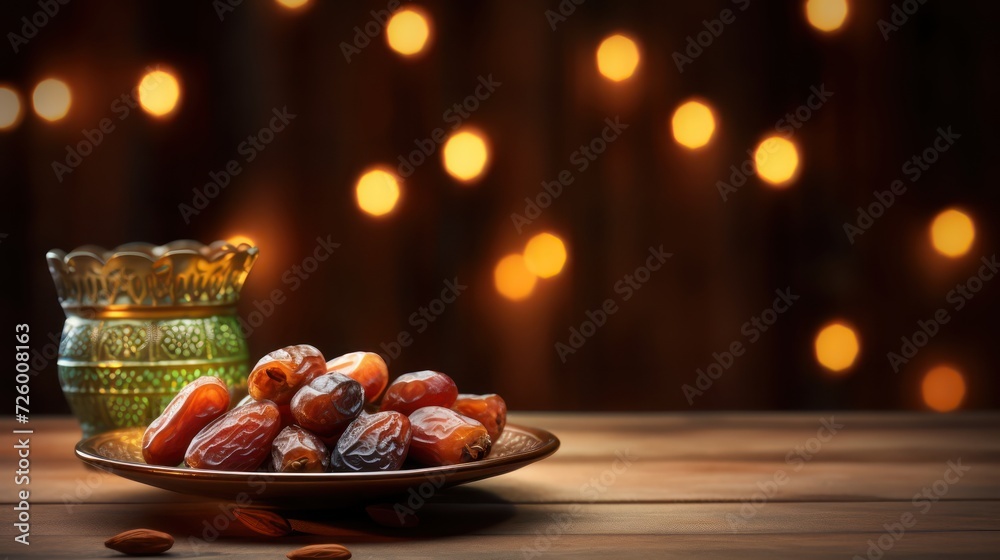 iftar meal and lantern lamp with copy space iftar meal and lantern lamp with copy space