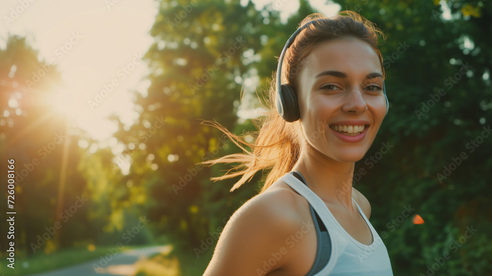 Young woman with headphones jogging outdoors Young woman with headphones jogging outdoors
