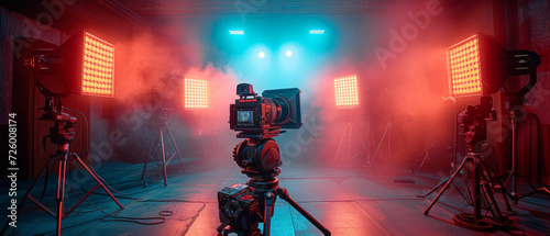 Filming studio, Professional cameras, Lighting equipment, Film crew, Cinematic atmosphere, photo