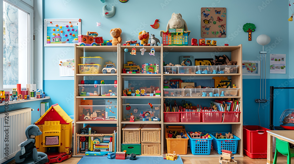 a toy room with toys and a shelf