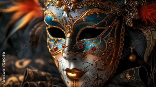 Sophisticated Venetian carnival mask on an elegant black background, generative ai © ThisDesign